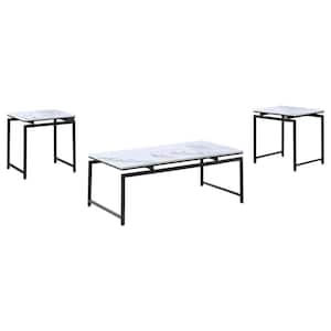 Clark 3-Piece 47.25 in. W White and Dark Gunmetal Rectangle Faux Marble Wood Occasional Coffee Table Set