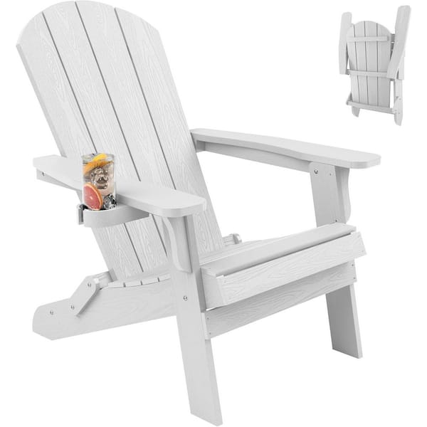 Mximu White Plastic Outdoor Folding Adirondack Chair with Cup Holder