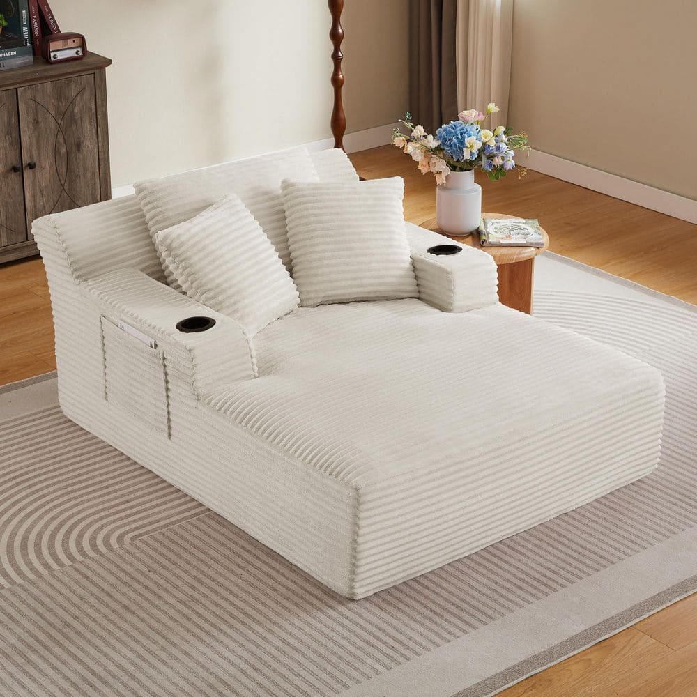 Modern White Corduroy Fabric Accent Chair Set of 1 with Square Arms Cup Holder, Side Pockets, Pillows price history on PriceWatchPro