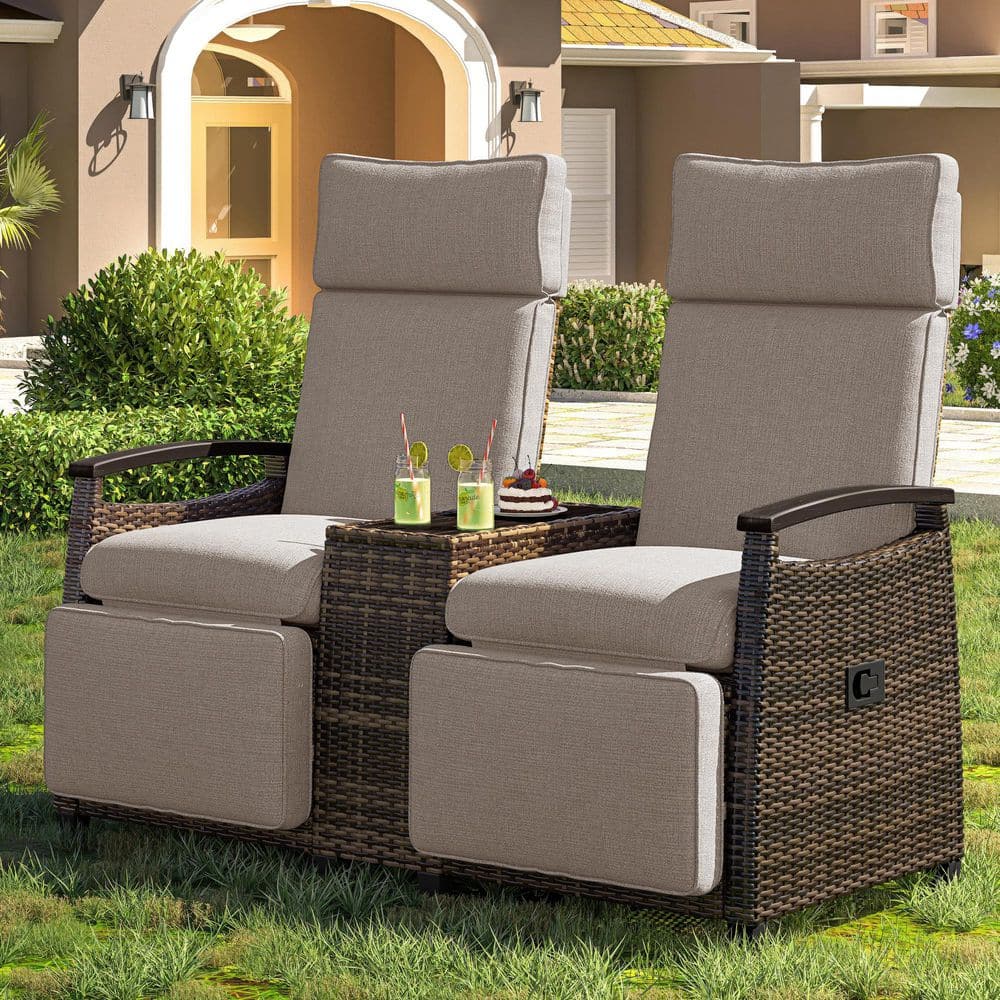 Double Wicker Outdoor Sofa Lounge Chair, Adjustable Backrest Lounge Chair S