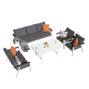 4-Piece White Gray Outdoor Aluminum Modern Conversation Set with Cushion and Coffee Table for Patio, Backyard, Garden
