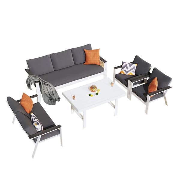 ITOPFOX 4-Piece White Gray Outdoor Aluminum Modern Conversation Set with Cushion and Coffee Table for Patio, Backyard, Garden
