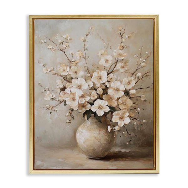 Cherry Blossoms in Pottery by Petal Prints Design Gold Floater Frame Nature Graphic Art Print 31 in. x 25 in.