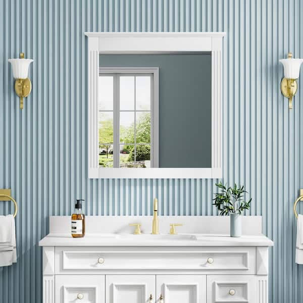 32 in. W x 33 in. H Rectangular Solid Wood Framed Wall Mounted Moisture-proof Bathroom Vanity Mirror in White,Easy Hang