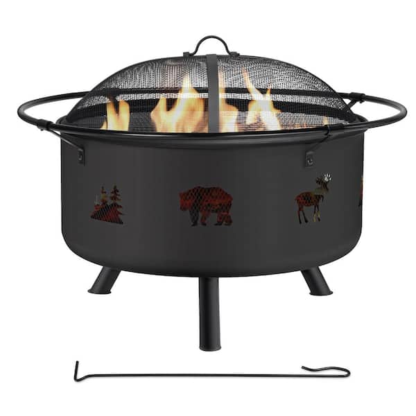 Atesun 36" Outdoor Fire Pits with Round Mesh Spark Screen, Patio Fire Pit Outdoor Wood Burning with Fireplace Poker, Black