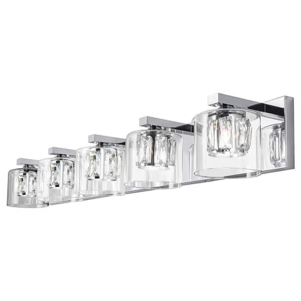 Delvon 36 in. 5-Light Chrome Vanity Light with Double Layer Clear Glass and Crystal Shades for Hallways/Bedroom/Bathroom