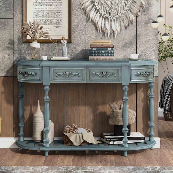 52 in. Antique Blue Curved Wood Console Table with - Drawers and 1-Shelf
