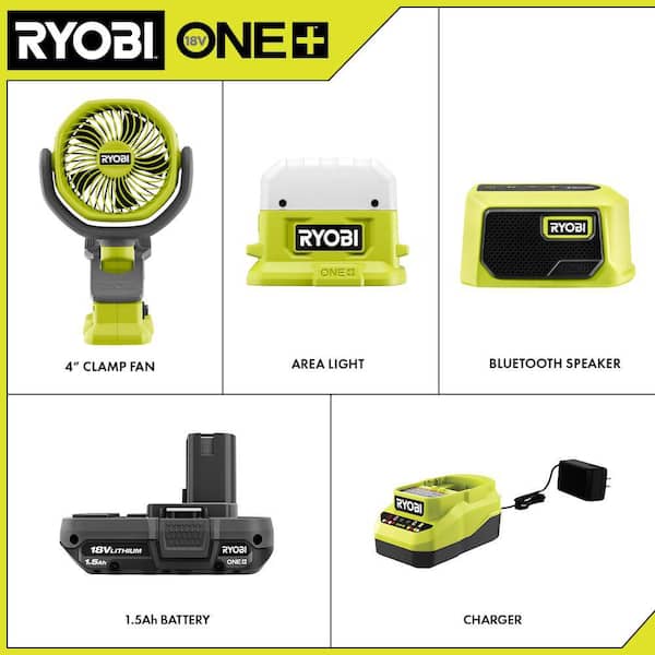 RYOBI PCL1303K1N ONE+ 18V Cordless 3-Tool Campers Kit with Area Light, Bluetooth Speaker, 4 in. Clamp Fan, 1.5 Ah Battery, and Charger - 2