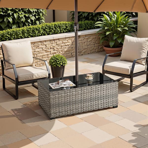 Buria PE Wicker Outdoor Coffee Table with Umbrella Hole, Tempered Glass Top