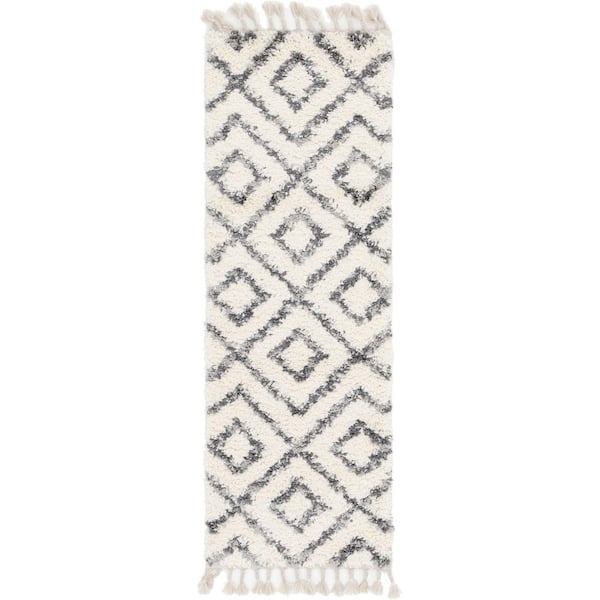 Unique Loom Hygge Shag Diamond Ivory 2 ft. 2 in. x 6 ft. Runner Rug
