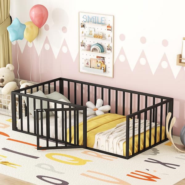 Black Metal Frame Twin Size Floor Platform Bed with Full-Length Fence Guardrails and Door