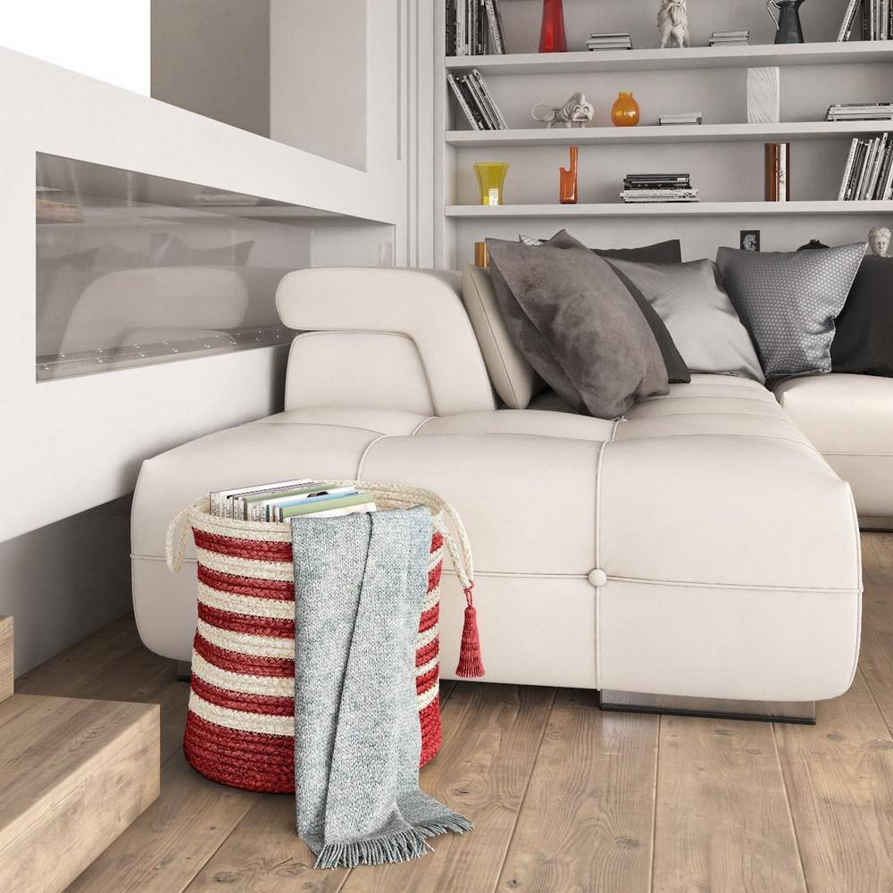 Handmade Round Red and Off-White Jute Storage Basket