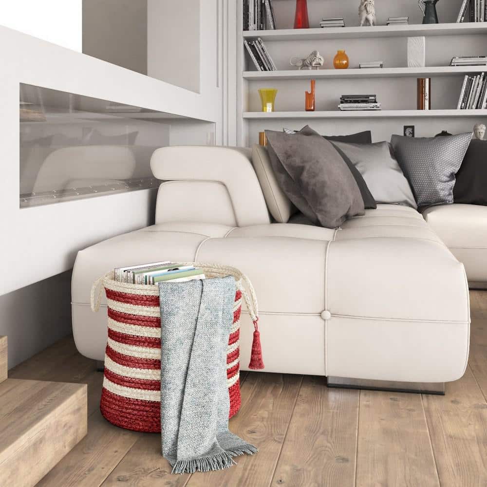 Handmade Round Red and Off-White Jute Storage Basket