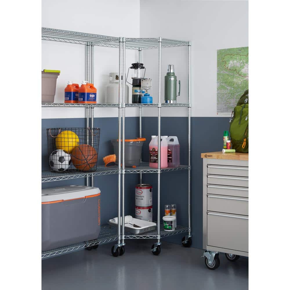 Adjustable Gray Steel 4-Tier Corner Shelving Unit with Wheels