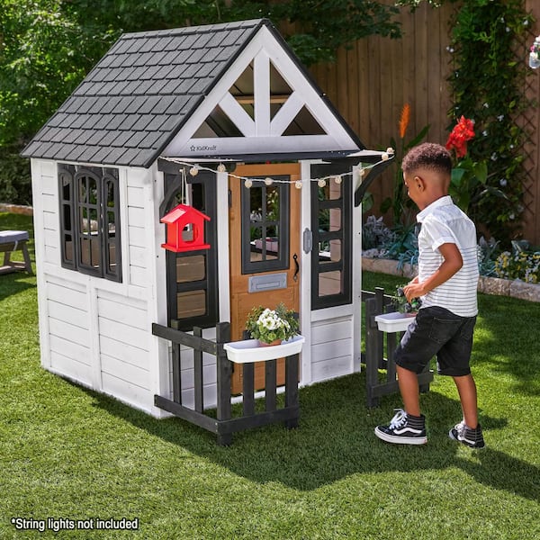 Riverscape Outdoor Wooden Playhouse with Working Doorbell, Fence, Kitchen, and Pet Door-White