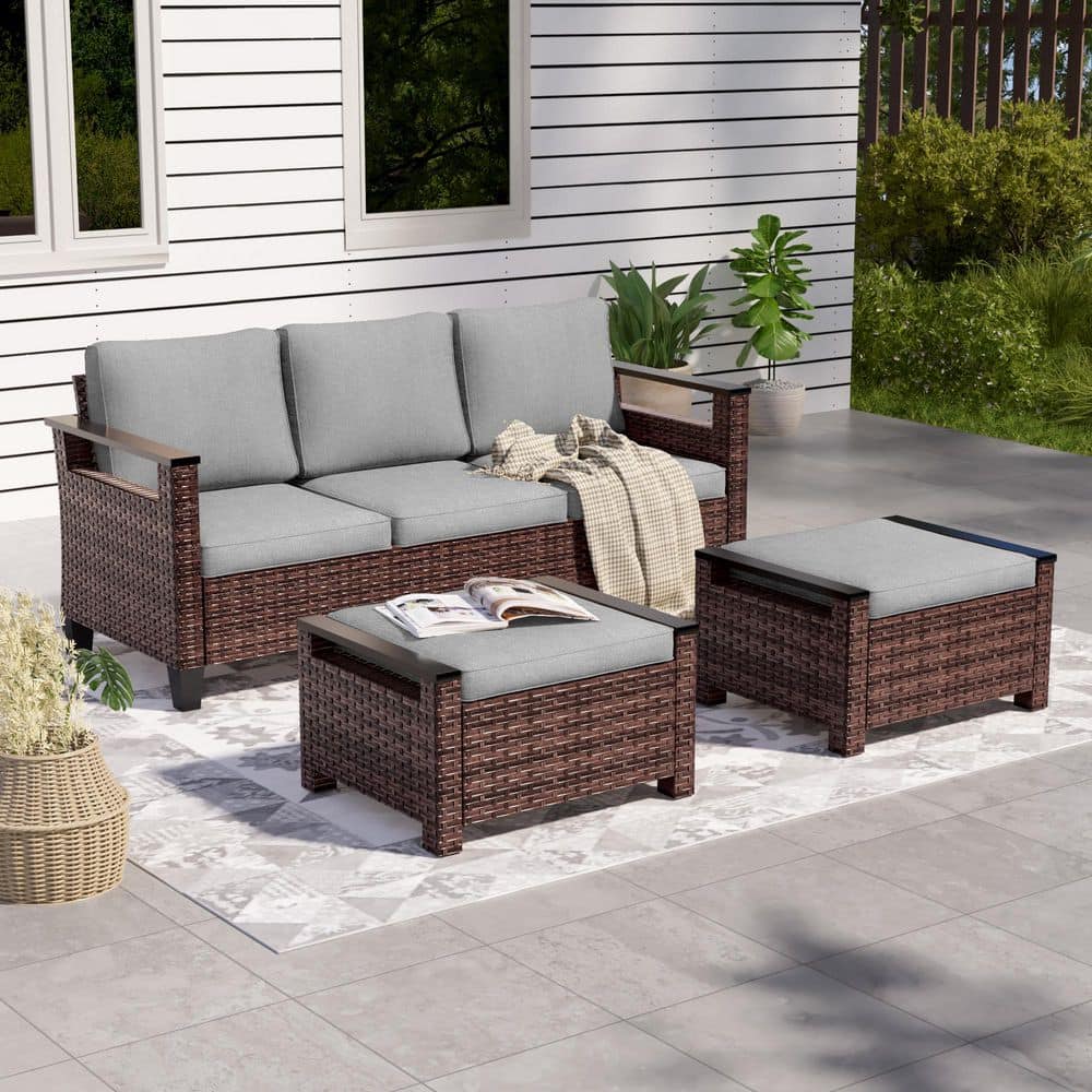3-Pieces Brown PE Wicker Gray Cushions Patio Conversation Wide Armrests High Back Sofa Design price history on PriceWatchPro