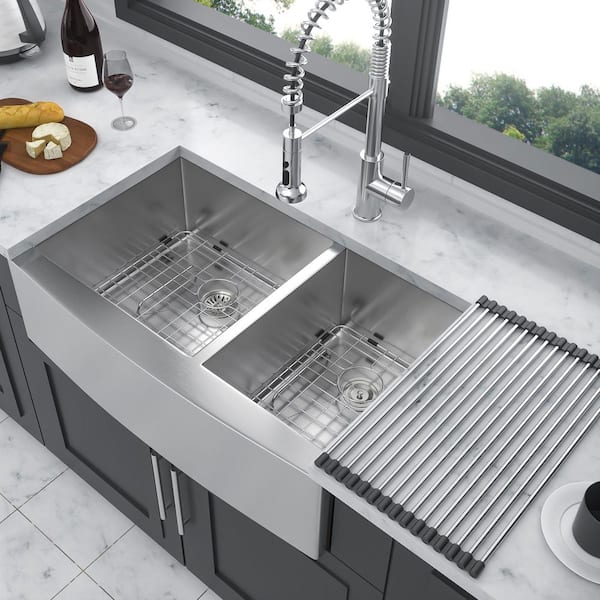 36 in. Farmhouse Double Bowl (60/40) 16 Gauge Brushed Nickel Stainless Steel Kitchen Sink with Bottom Grids