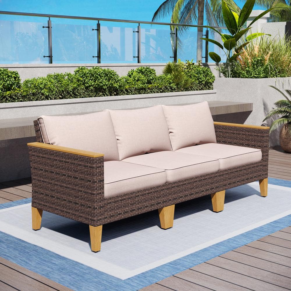 Brown Rattan Wicker 3-Seat 3-Piece Steel Outdoor Patio Conversation Set with Beige Cushions price history on PriceWatchPro
