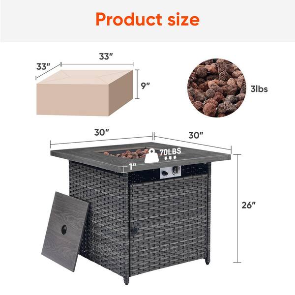 30 in. 50000 BTU Square Gray Wicker Outdoor Gas Fire Pit Table with Volcanic Stone Outdoor CSA Fire Table for Porch