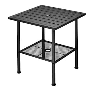 22 in. Modern Metal Waterproof End Table, Outdoor Side Table, Double Layers Dining Table with Umbrella Hole for Patio