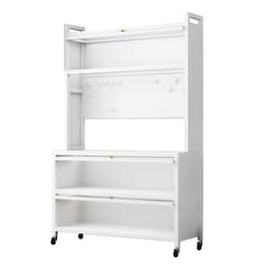 39 in. W White Kitchen Pantry Organizers Cabinet with Lockable Wheels, Clear PC Doors, Perforated Backsplash