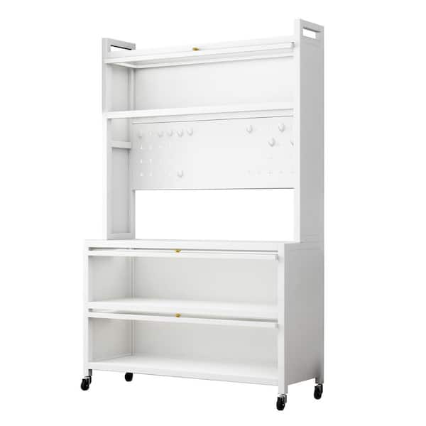 GQB 39 in. W White Kitchen Pantry Organizers Cabinet with Lockable Wheels, Clear PC Doors, Perforated Backsplash