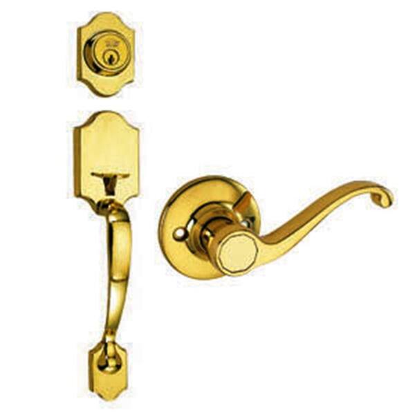 Design House Sussex Polished Brass Handleset with Scroll Lever Interior and Single Cylinder Deadbolt