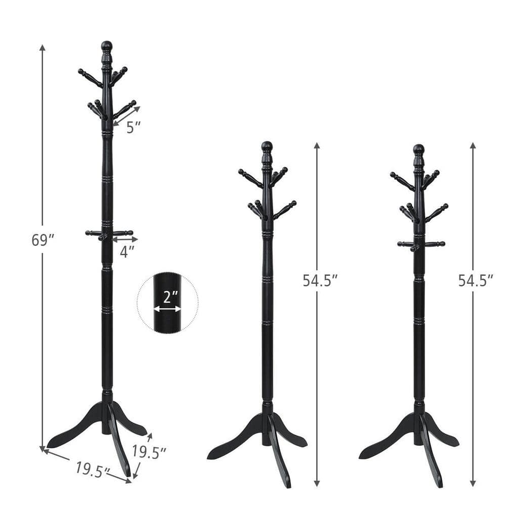 Adjustable Black Rubber Wood Coat Rack with 9 Hooks