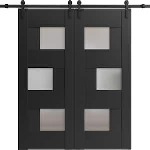 32 in. x 96 in. 2 Panel Frosted Glass Black Matte Solid MDF Sliding Barn Door with Hardware Kit