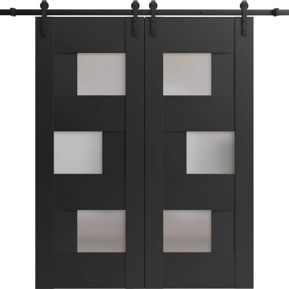 Assemble Required 36 in. x 84 in. 2 Panel Frosted Glass Black Matte Solid MDF Sliding Barn Door with Hardware Kit price history on PriceWatchPro