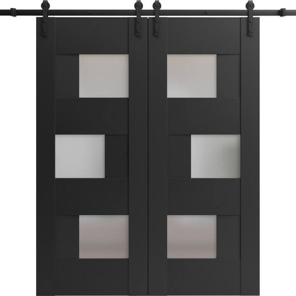 VDOMDOORS 36 in. x 84 in. 2 Panel Frosted Glass Black Matte Solid MDF Sliding Barn Door with Hardware Kit