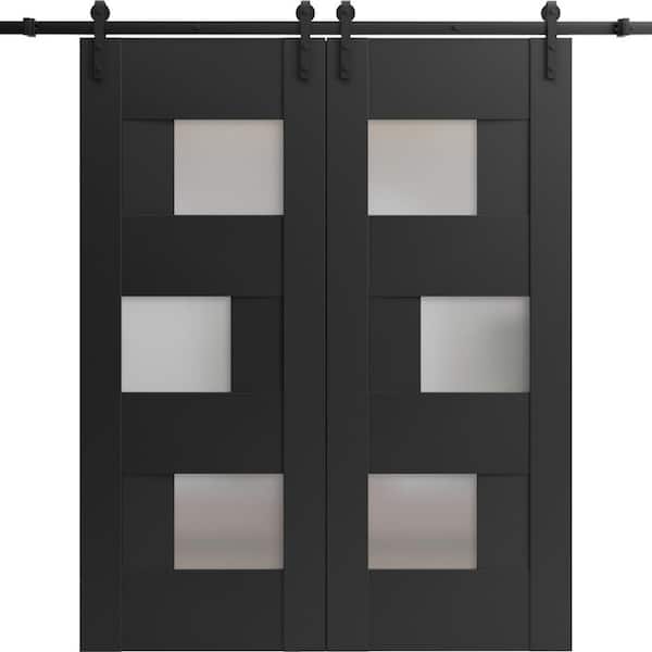 VDOMDOORS 42 in. x 96 in. 2 Panel Frosted Glass Black Matte Solid Wood Sliding Barn Door with Hardware Kit