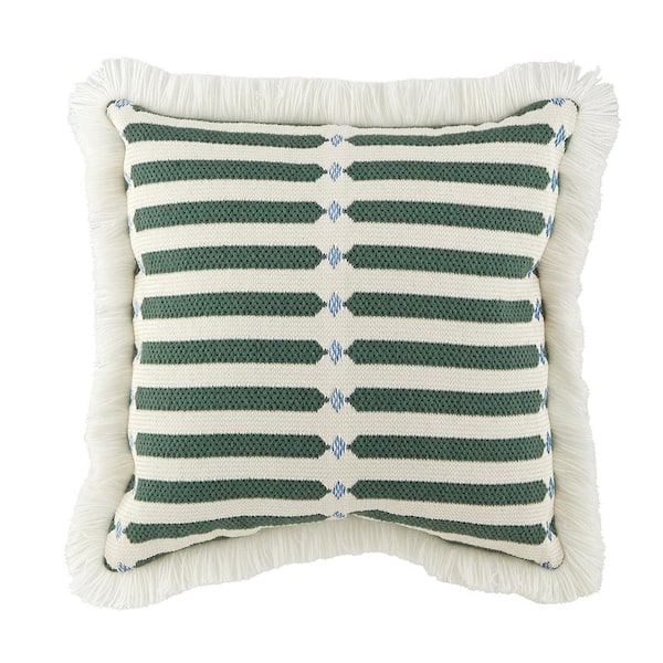 Hampton Bay 20 in. x 20 in. Endive Stripe Square Outdoor Throw Pillow with Fringe