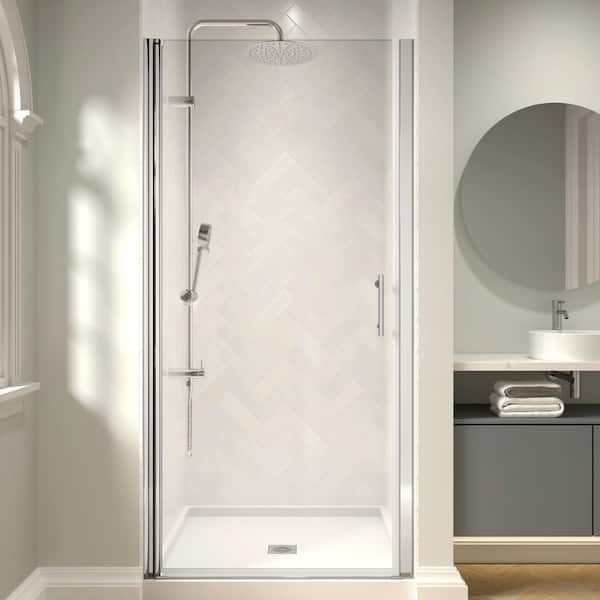 Modern 36 to 37-3/8 in. W x 72 in. H Pivot Frameless Shower Door in Chrome Finish with 1/4 in. (6mm) Clear Glass