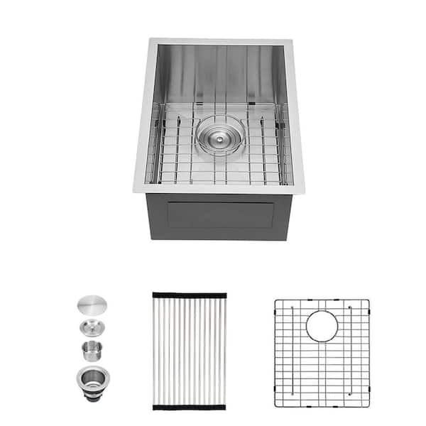 15 in. Drop-In/Undermount Single Bowl 16 Gauge Brushed Nickel Stainless Steel Kitchen Sink with Grid and Drain