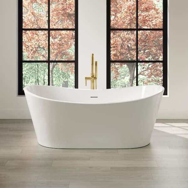 Herschel 60 in. x 29 in. Freestanding Soaking Bathtub Kit in Glossy White with extra Brushed Gold Pop-Up Drain Cap