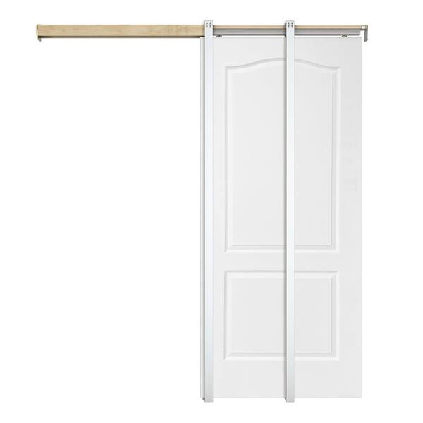 CALHOME 30 in. x 80 in. White Painted Composite MDF 2PANEL Arch Top Sliding Door with Pocket Door Frame and Hardware Kit