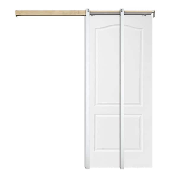 CALHOME 36 in. x 80 in. White Primed Composite MDF 2PANEL Arch Top Sliding Door with Pocket Door Frame and Hardware Kit