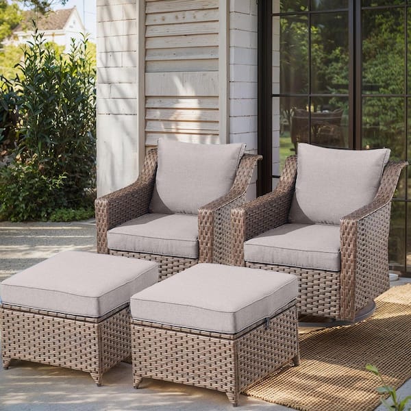 4-Piece Brown Wicker Patio Conversation Set with Gray Olefin Cushions and 4 In. Wide Armrest/Patio Swivel Chairs