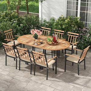 Natural 9-Piece Wood Oval Outdoor Dining Set with Beige Cushions