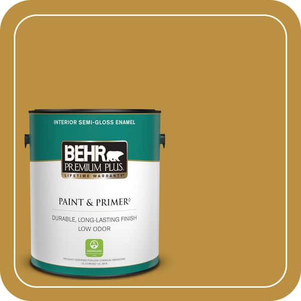 BEHR PREMIUM PLUS 1 gal. #340D-6 Fervent Brass Semi-Gloss Enamel Low Odor Interior Paint & Primer
