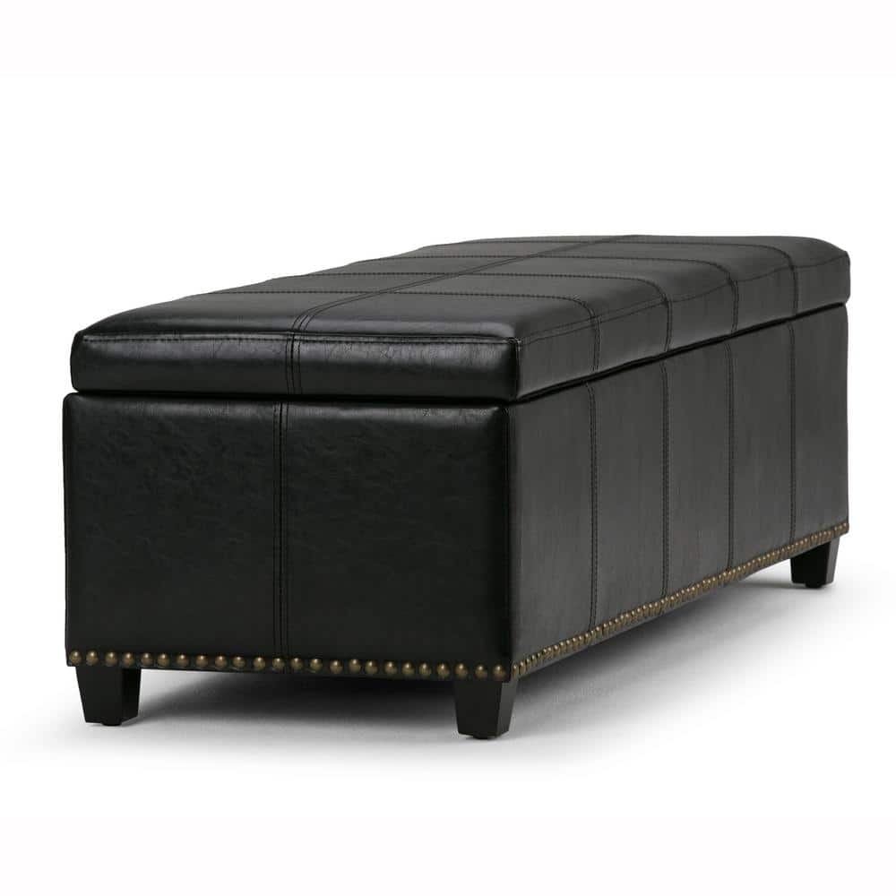 Midnight Black Bonded Leather Large Rectangular Storage Ottoman Bench