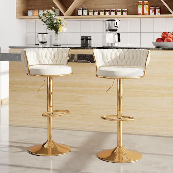 Adjustable Barstools Set, Counter Height Stools with Back and Arm, Velvet Woven Kitchen Island Stools, White Set of 2
