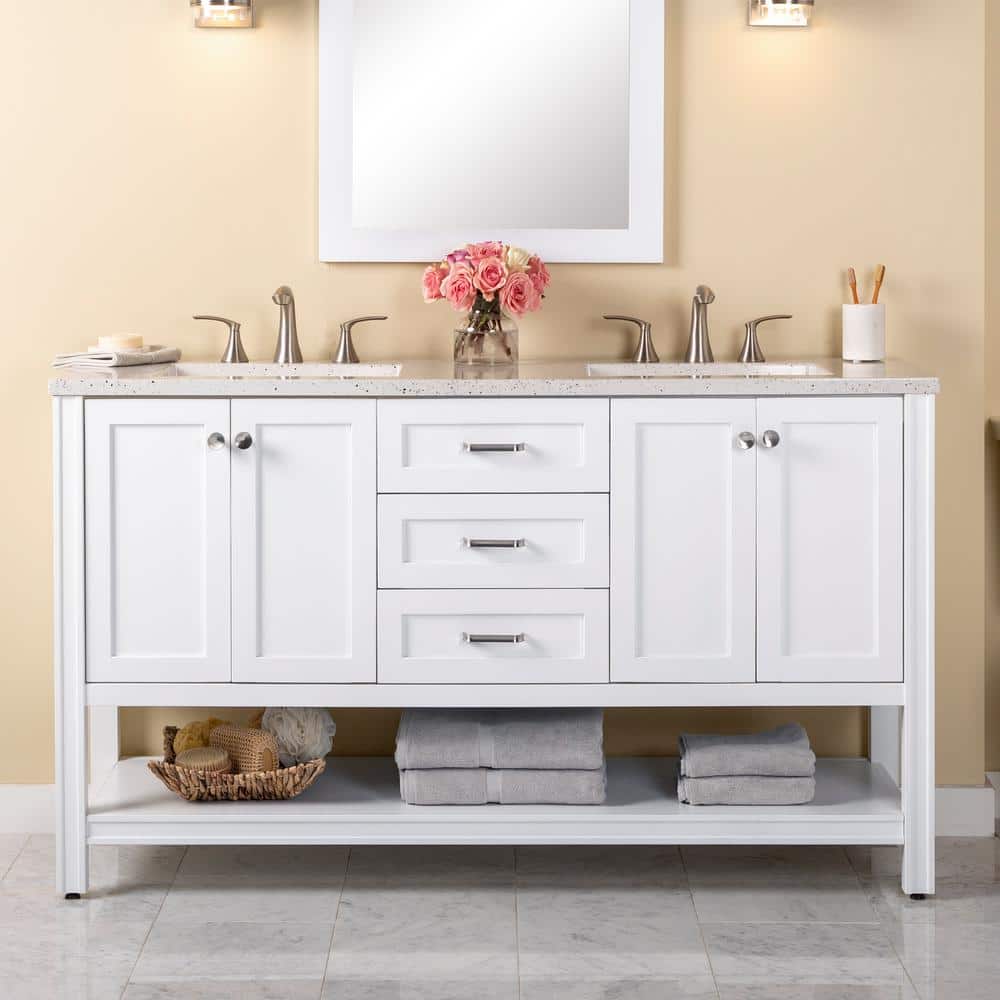 Northwind 61 in. Double Sink White Bath Vanity with Silver Ash Cultured Mar