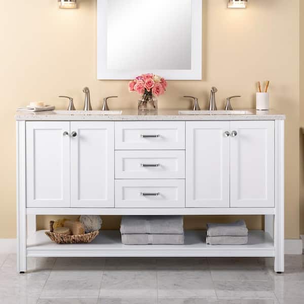 Home Decorators Collection Northwind 61 in. W x 19 in. D x 36 in. H Double Sink Bath Vanity in White with Silver Ash Cultured Marble Top