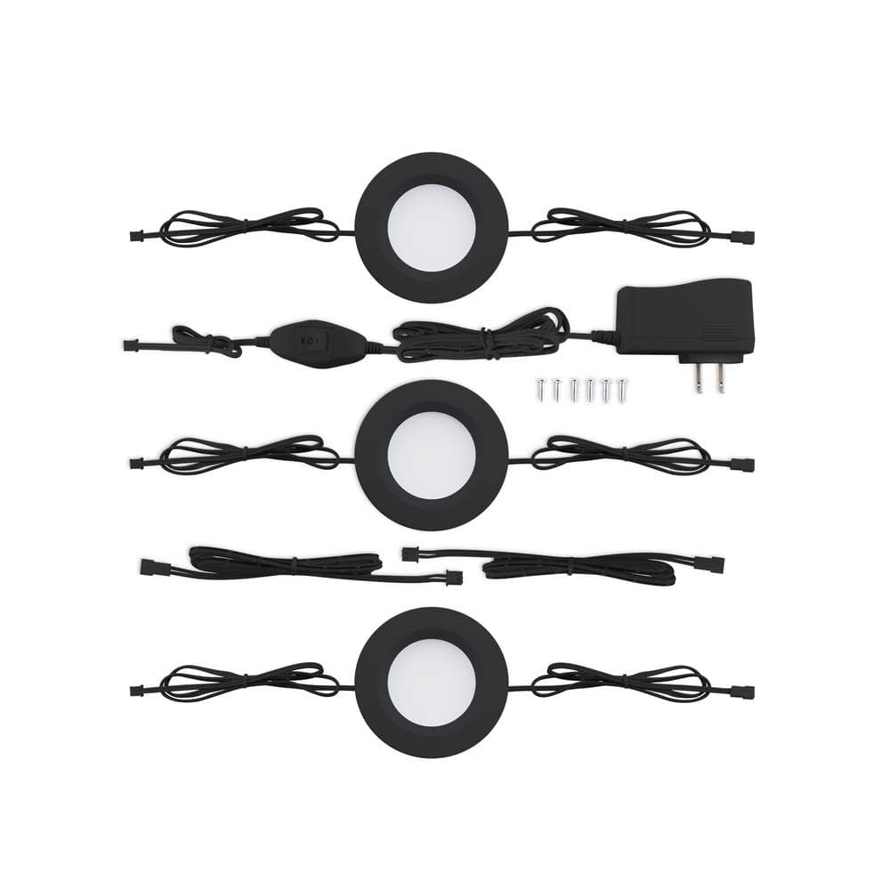 Black Acrylic LED Under Cabinet Puck Lights, 3-Pack