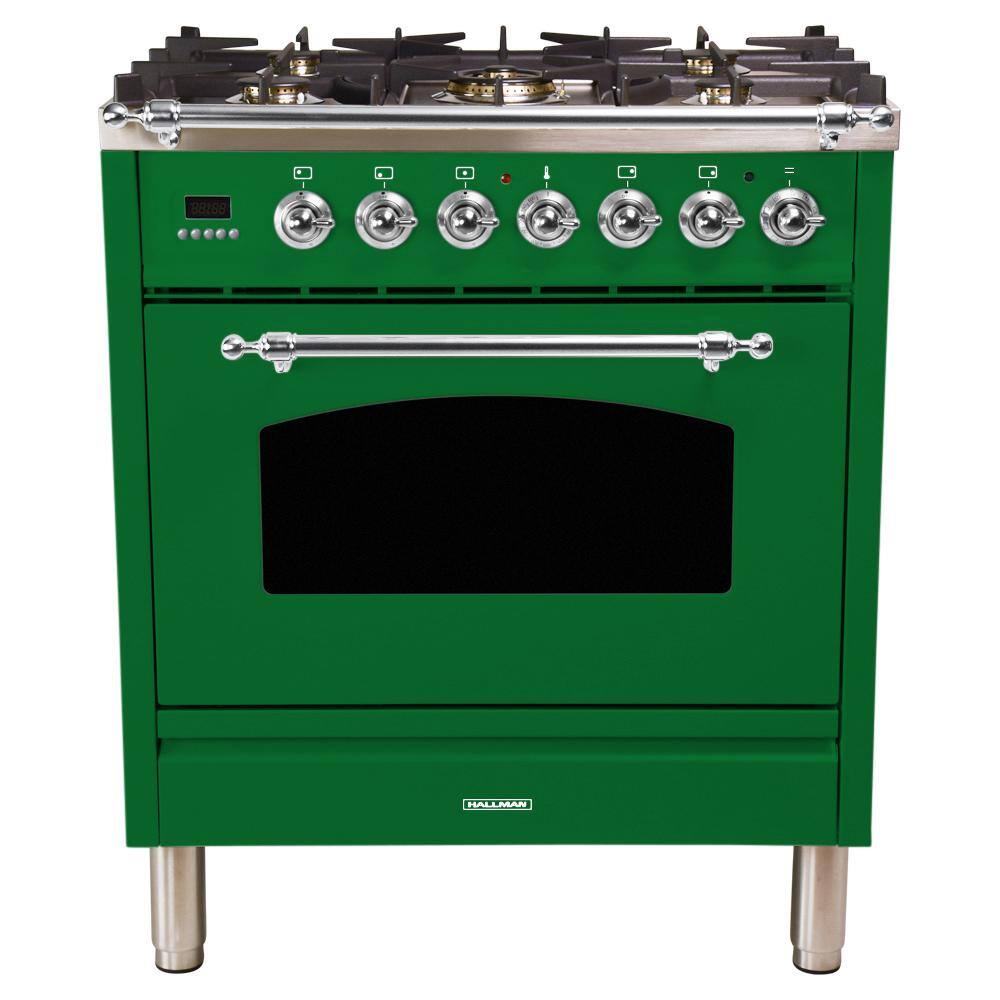 Hallman 30 in. 3.0 cu. ft. Single Oven Dual Fuel Italian Range with True Convection, 5 Burners, Chrome Trim in Emerald Green