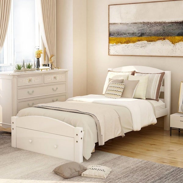 White Wood Frame Twin Platform Bed with Storage Drawer