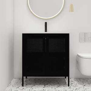 30 in. W x 18.3 in. D x 33.4 in. H Freestanding Bath Vanity in Black with White Ceramic Top