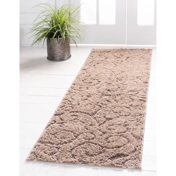 Floral Shag Carved Light Brown 2' 0 x 6' 7 Runner Rug